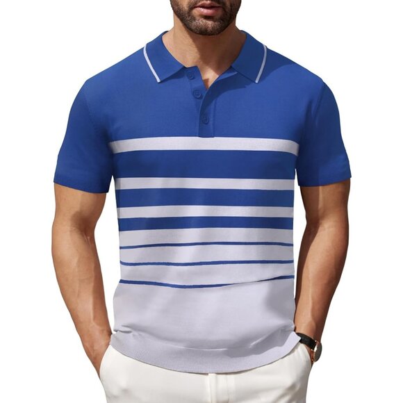 Mens Striped Polo Shirt Short Sleeve Casual Knit Summer Golf Tee Slim Fit Blue - Picture 1 of 6
